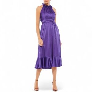 Mac Duggal 26633 Tea Length Dress Size 10 Purple‎ Pleated Halter Neck Ruffle Hem